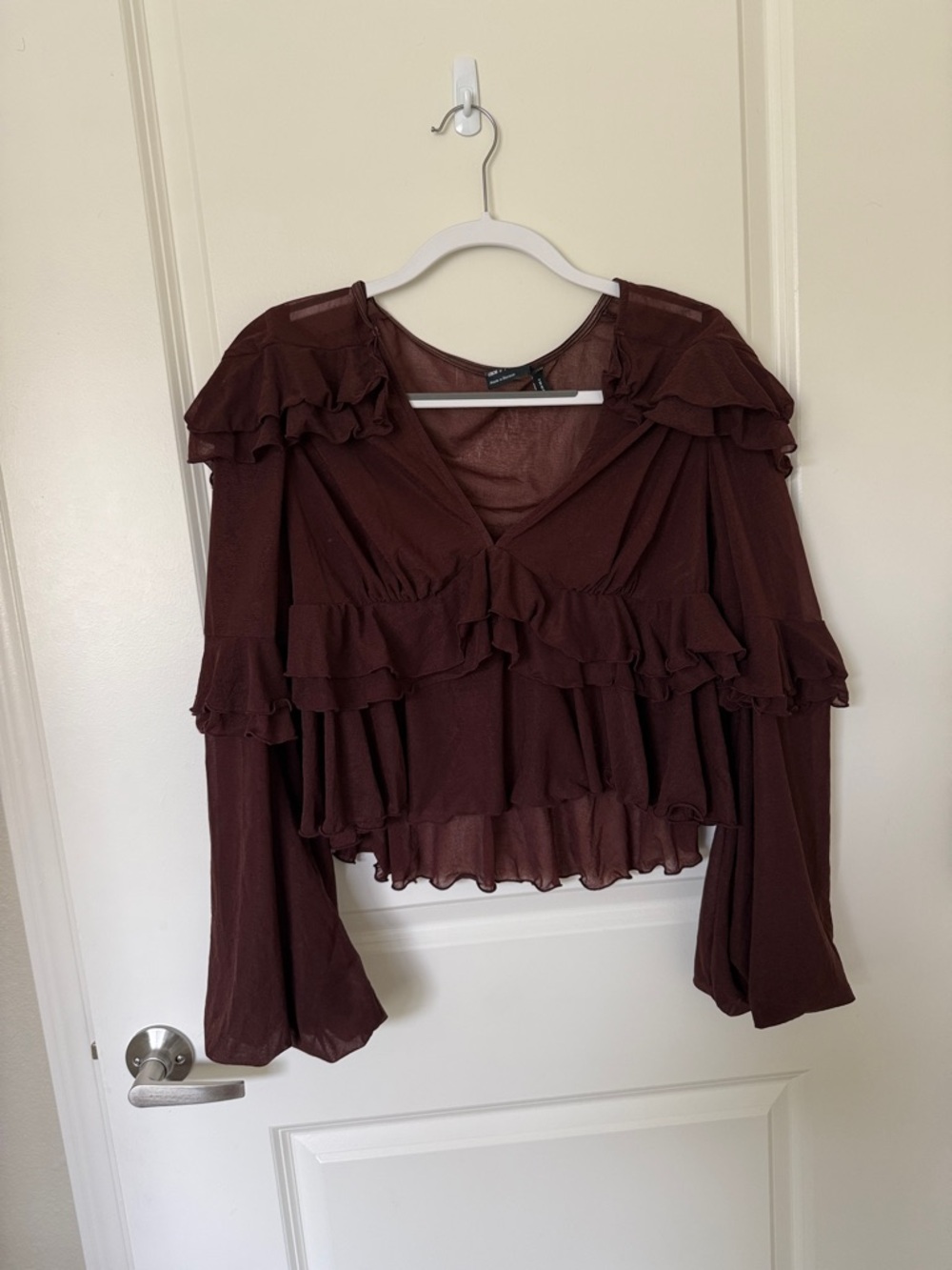 ASOS Ruffled V-Neck Long Sleeve Top - Deep Brown